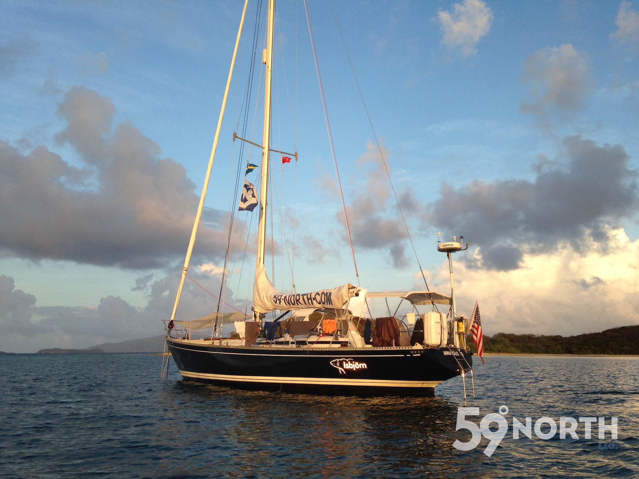 Isbjorn on anchor in our usual spot in Trellis Bay.