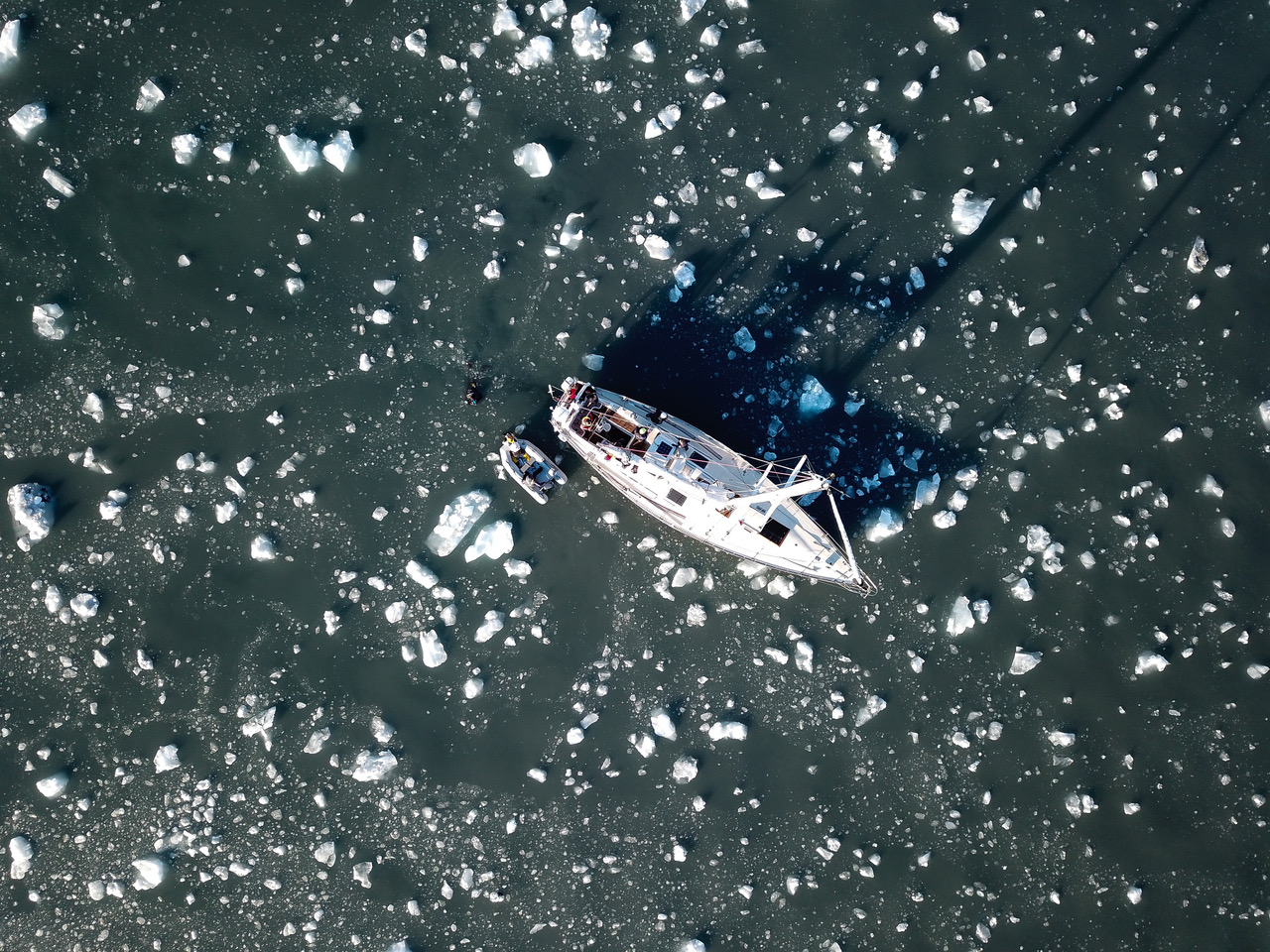 James Austrums swimming amongst the glacial ice in Dahlbrebukta