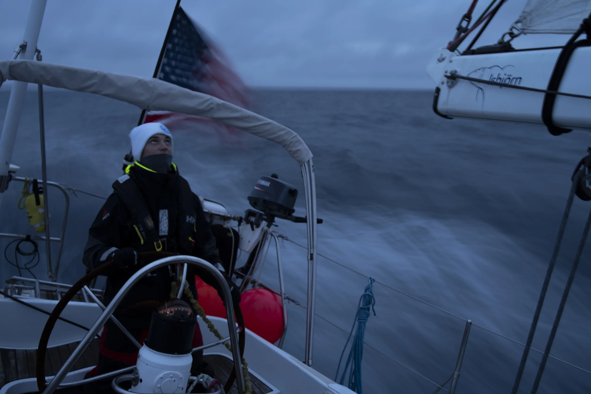 Tino, 16, one of Isbjorn's apprentices, sailing offshore from Iceland-Ireland.