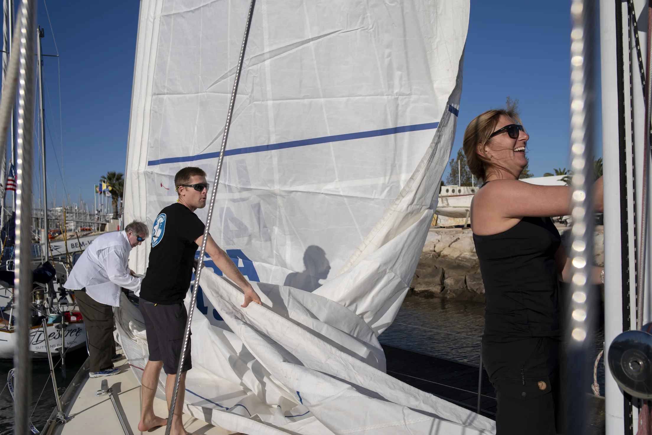 Changing to the big genoa in Lagos ahead of the light-air passage south.