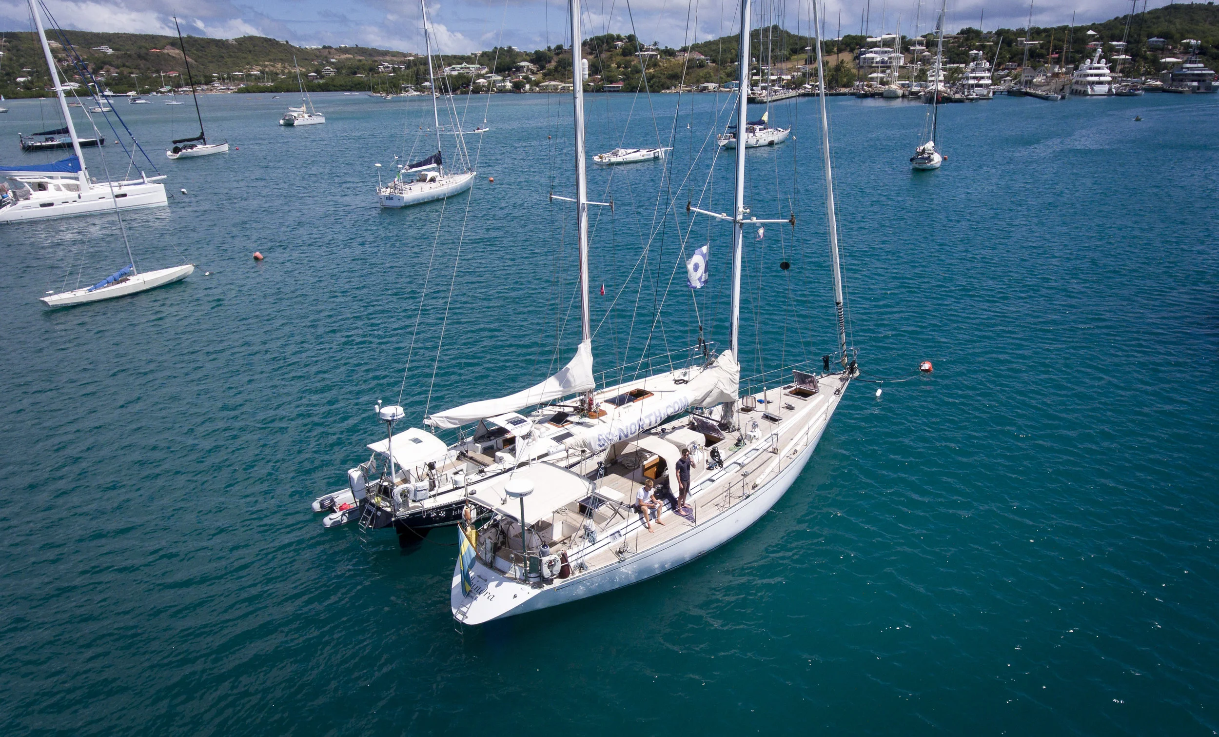 ISBJORN & ICE BEAR, our new Swan 59, together at last in Antigua!