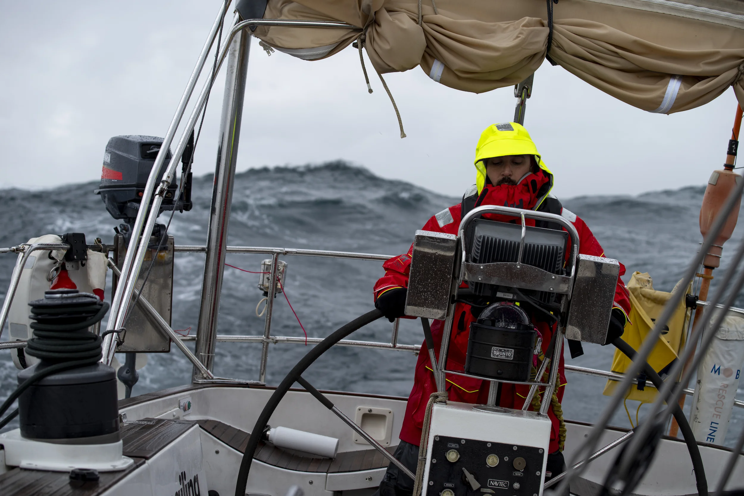 Mark at the helm at the height of the southwesterly, winds 35-40, heavy rain and 8-10’ seas.