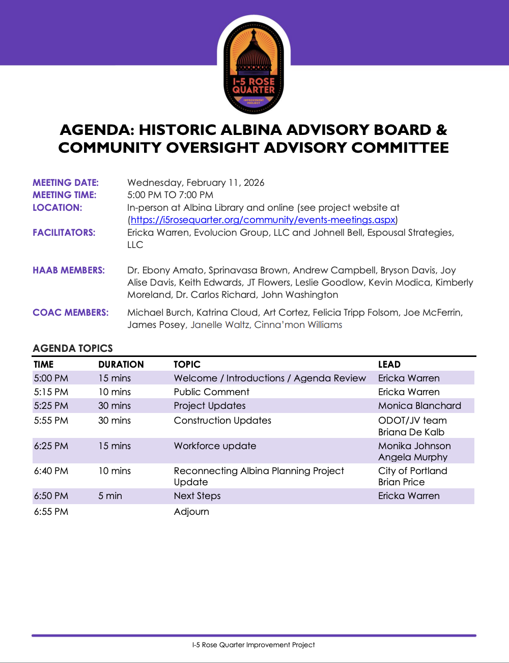 I-5 Rose Quarter Improvement Project February Meeting