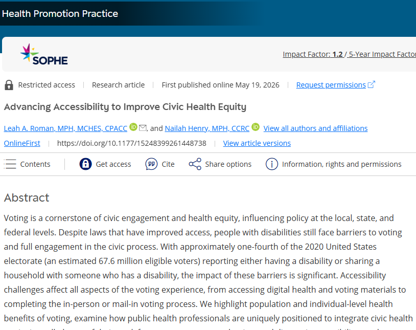 Screenshot of online first publication: Roman & Henry (2026), "Advancing Accessibility to Improve Civic Health Equity," Health Promotion Practice.
