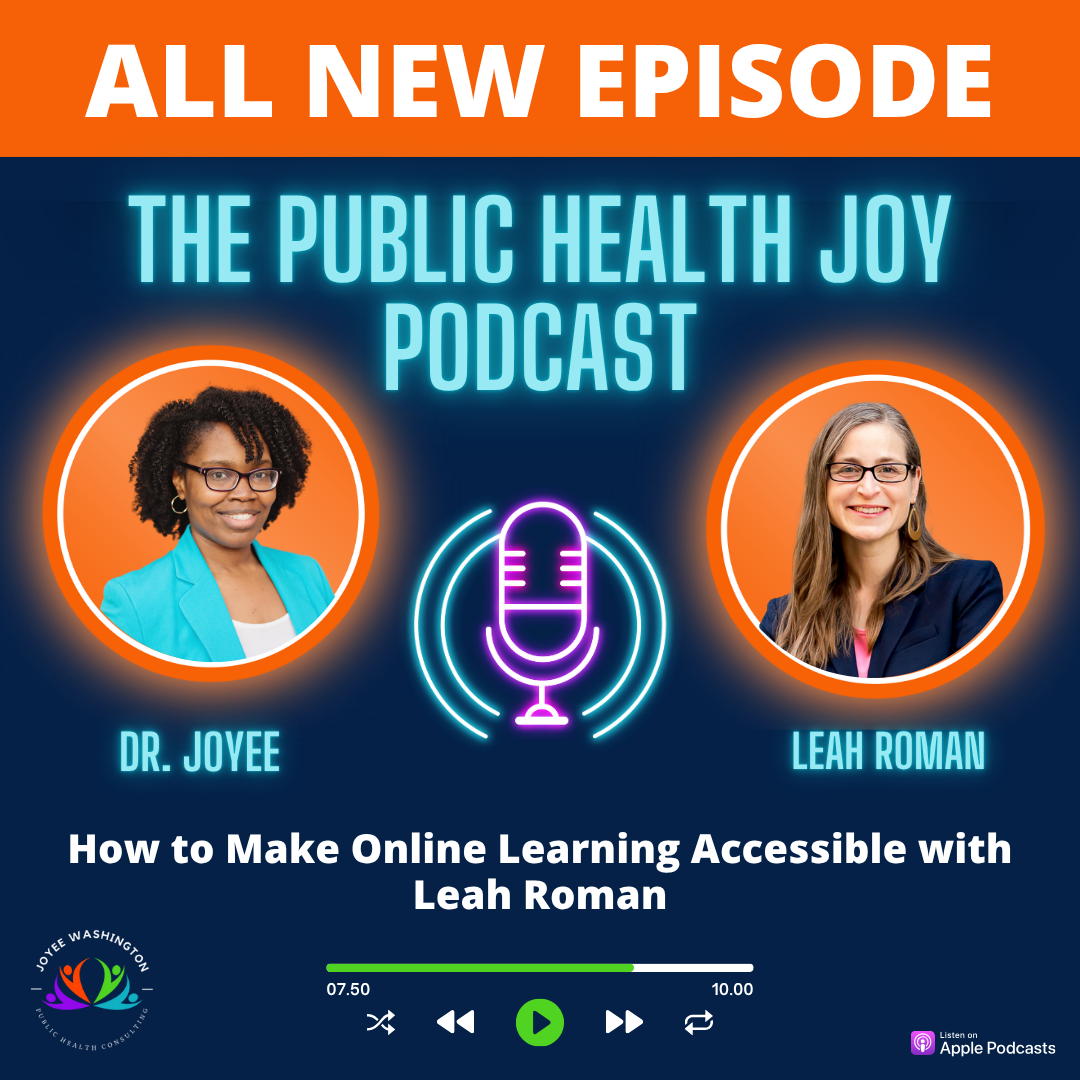 Podcast art for The Public Health Joy Podcast, Season #4, Episode #13, includes headshots for Leah and Dr. Joyee.