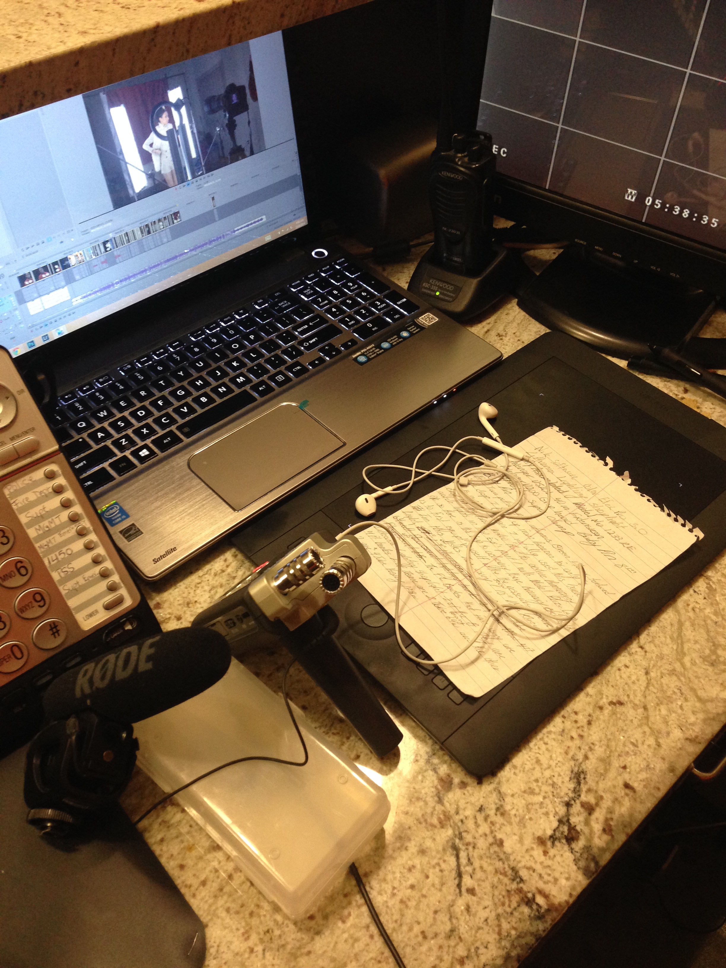Doing some voice over for my video, I had to bring my little audio setup to work, too anxious to finish : ) I had my little note card ready to go along with my ZoomH4N, Rode Video Mic Pro, and some Apple headphones for monitoring. 