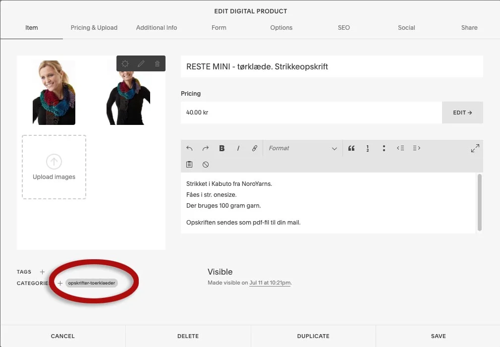 Her oprettes navn på “category”.