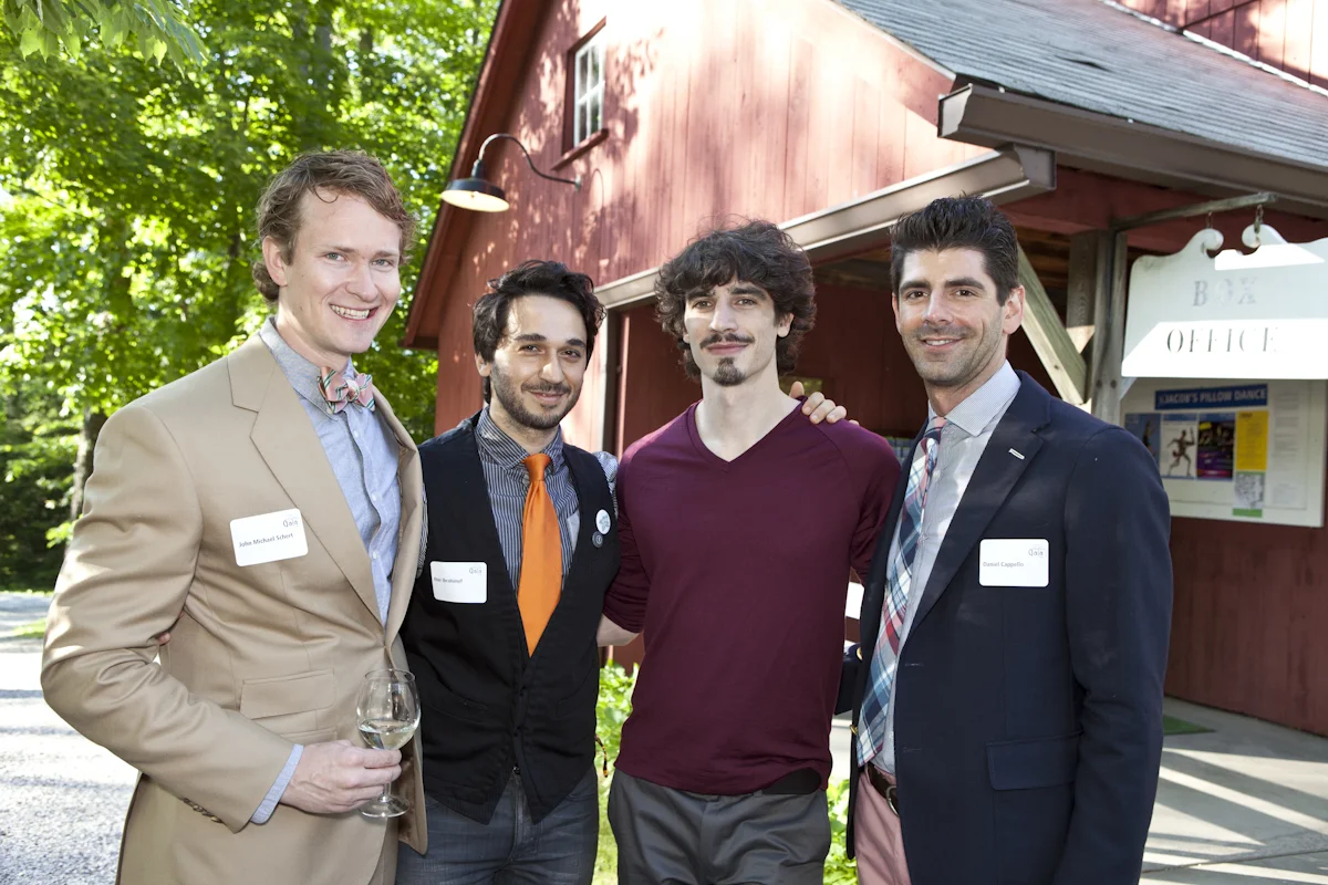 PHOTO CAPTION: Co-Founder and former Executive Director of Trey McIntyre Project John Michael Schert, Director of Sunny Artist Management Ilter Ibrahimof, Resident Choreographer of Hubbard Street Chicago Alejandro Cerrudo, and Fashion Director of Quest Media Daniel Cappello, prior to the Gala performance. Photographer Tina Lane; courtesy of Jacob’s Pillow Dance