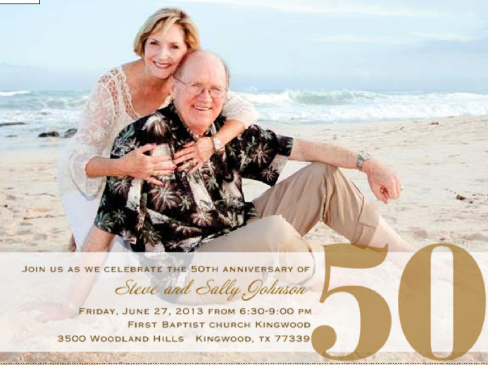 This is the invitation to my folks' anniversary party. It is a great example how my dad loves my mom. He would never have the idea to take a picture on the beach in their 70's. But it was important to mom, so it was important to dad. Look at that smile on his face!