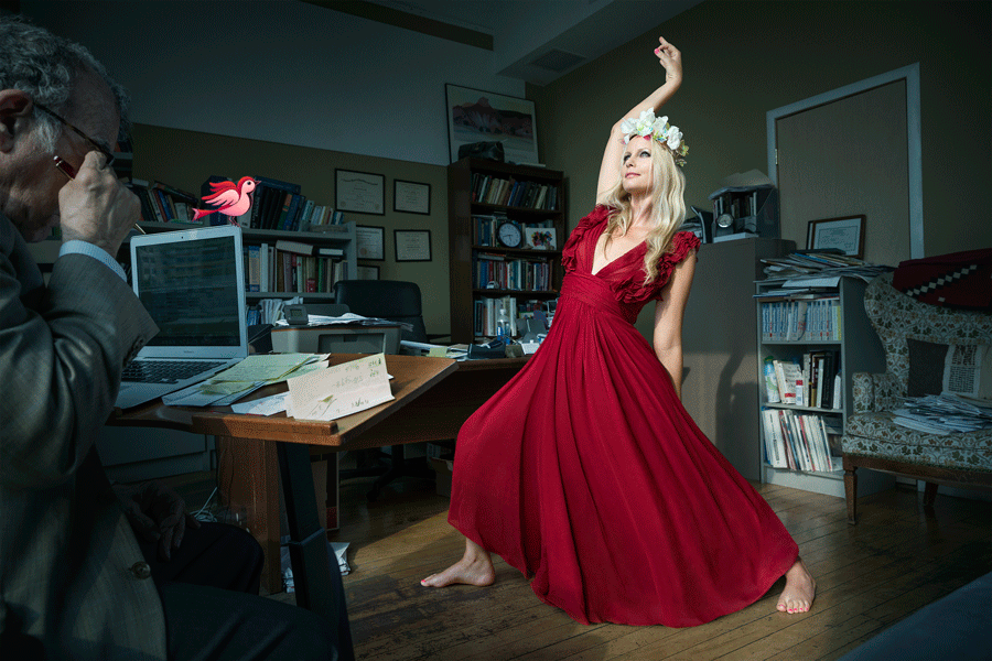 conceptual animated GIF of beautiful woman in long red dress doing yoga in therapist office by conceptual portrait photographer Hanna Agar