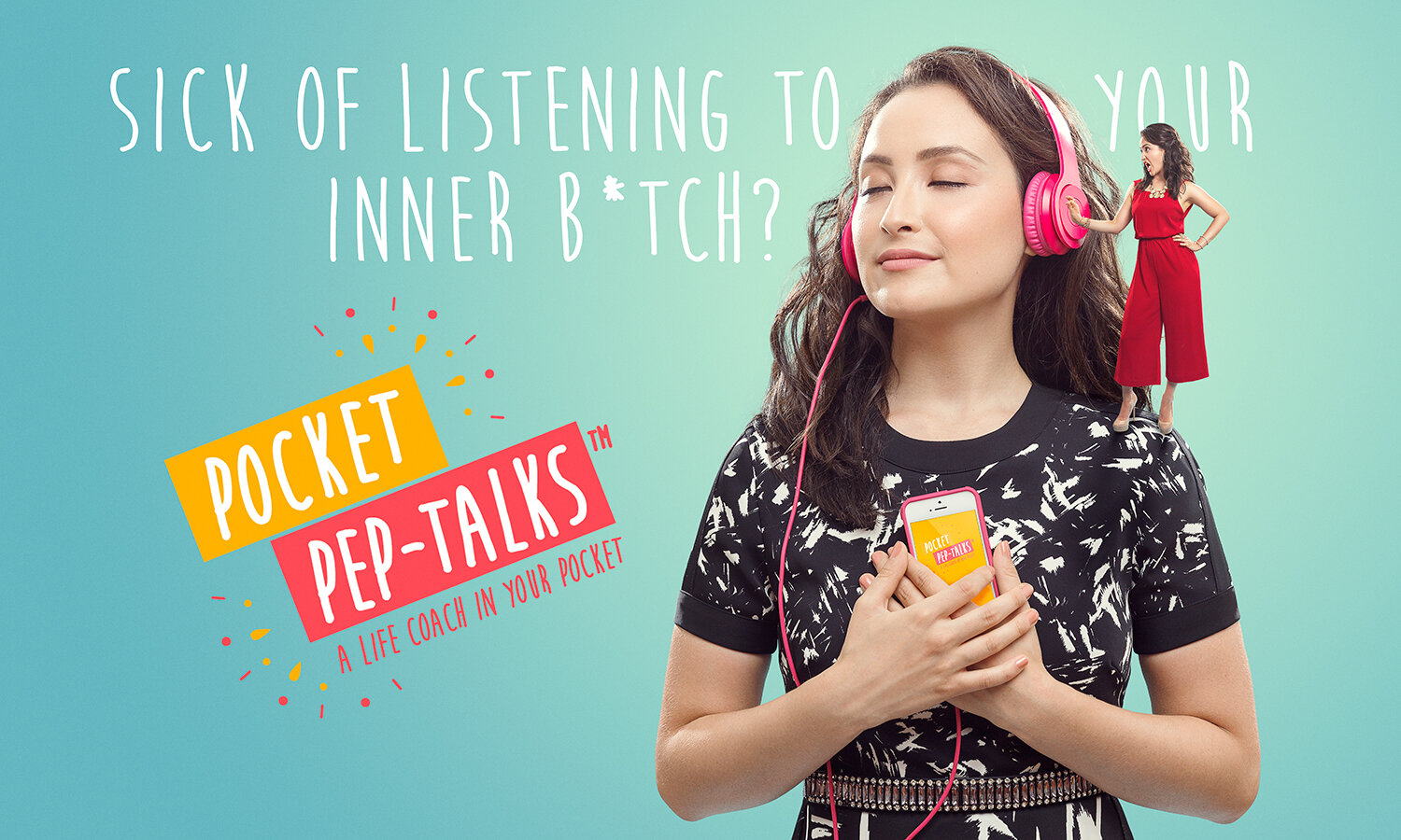 Creative commercial photography: life coach Catherine Geller listens to Pocket Pep-Talks to drown out inner b.