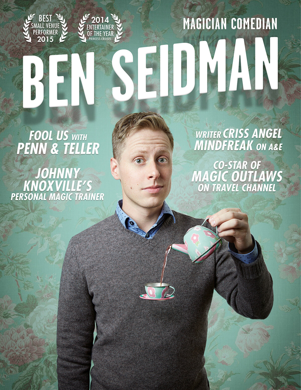 quirky entertainer portrait of comedy magician Ben Seidman pouring tea into a magically hovering teacup for poster