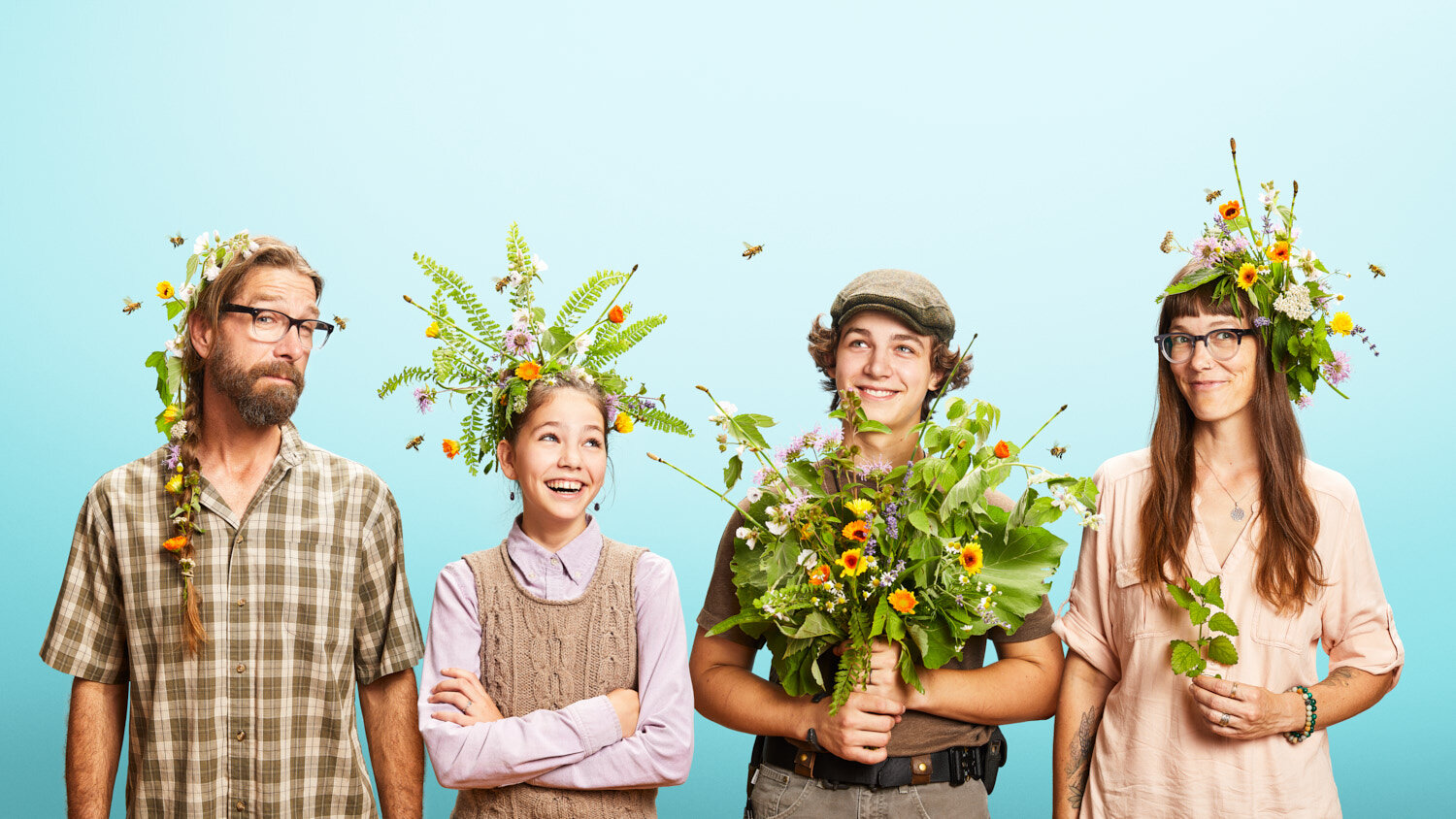 quirky commercial portraits for organic body care company LuSa Organics featuring herbal floral crowns and bouquets