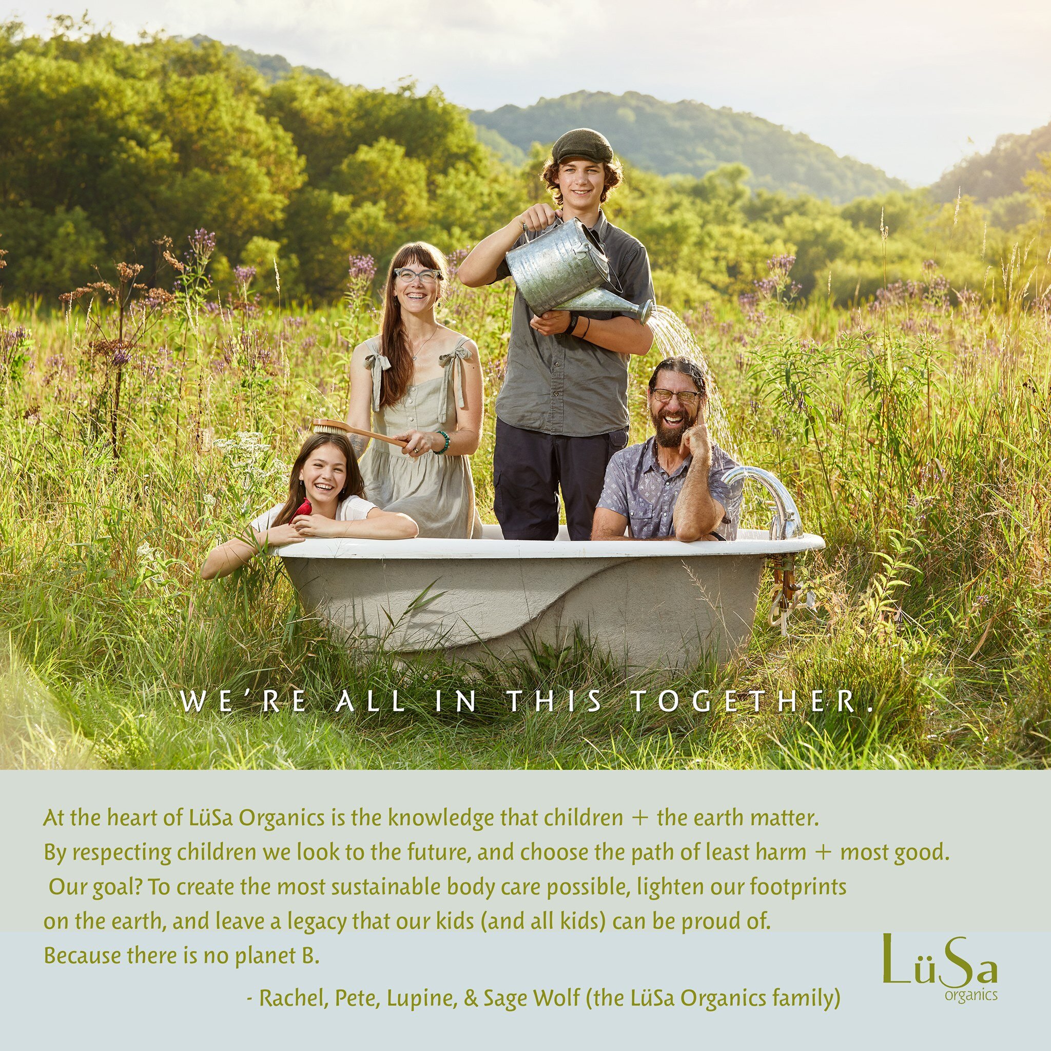 whimsical family portrait of home and body care company LuSa Organics in a bathtub in a field in the Driftless Region of Wisconsin.