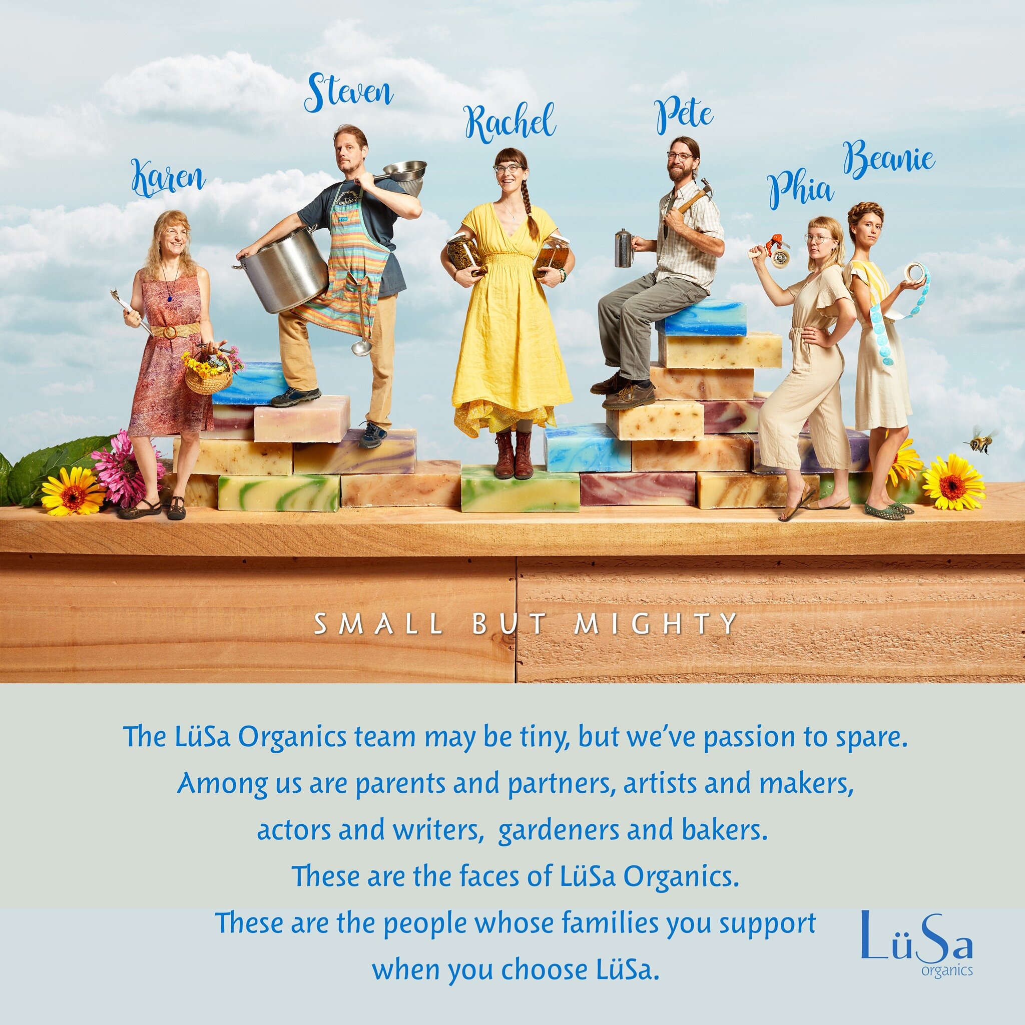 conceptual team portrait advertising home and body care company LuSa Organics: team is composited to look miniature standing on giant blocks of soap.