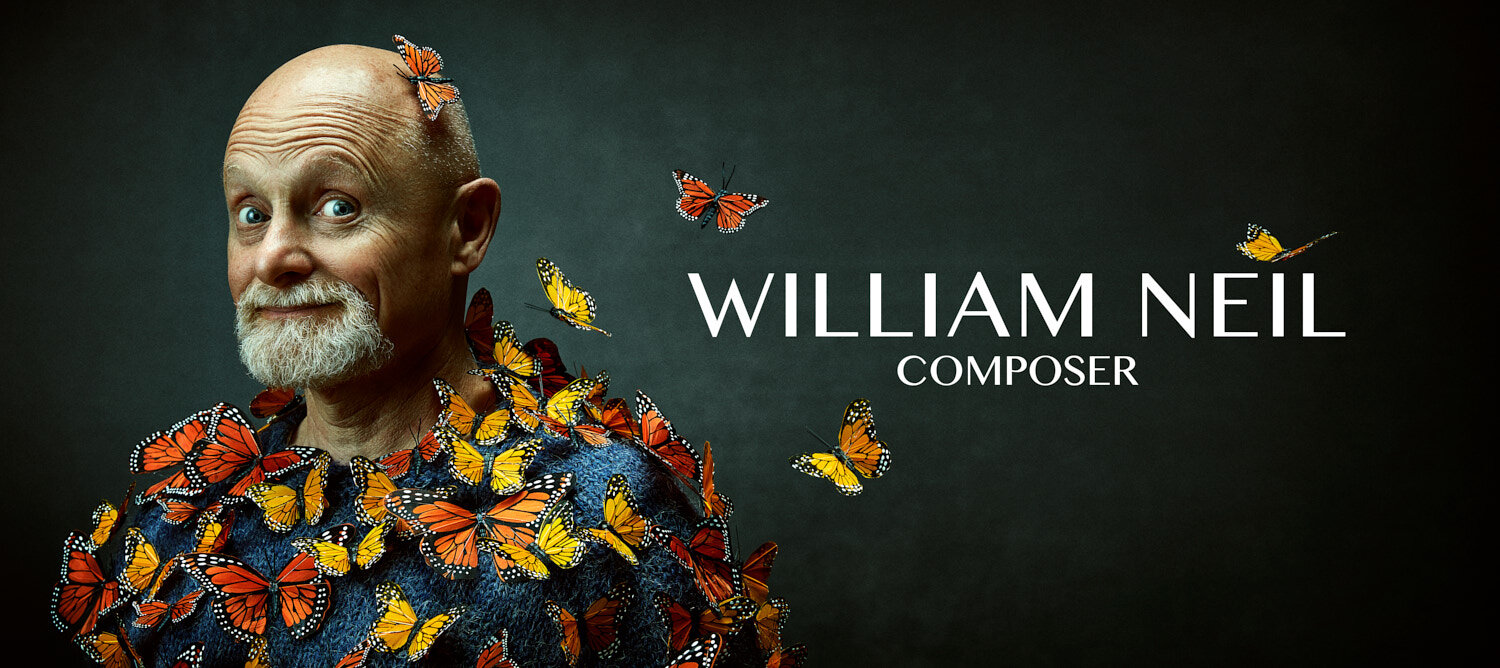 quirky entertainer portrait promoting LaCrosse, WI based classical composer William Neil covered in butterflies