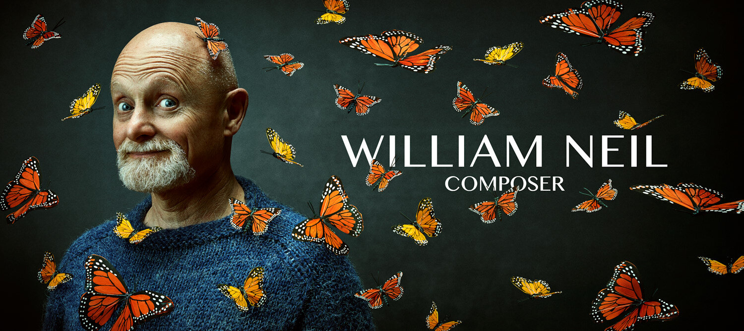 whimsical entertainer portrait advertising classical composer William Neil surrounded by butterflies