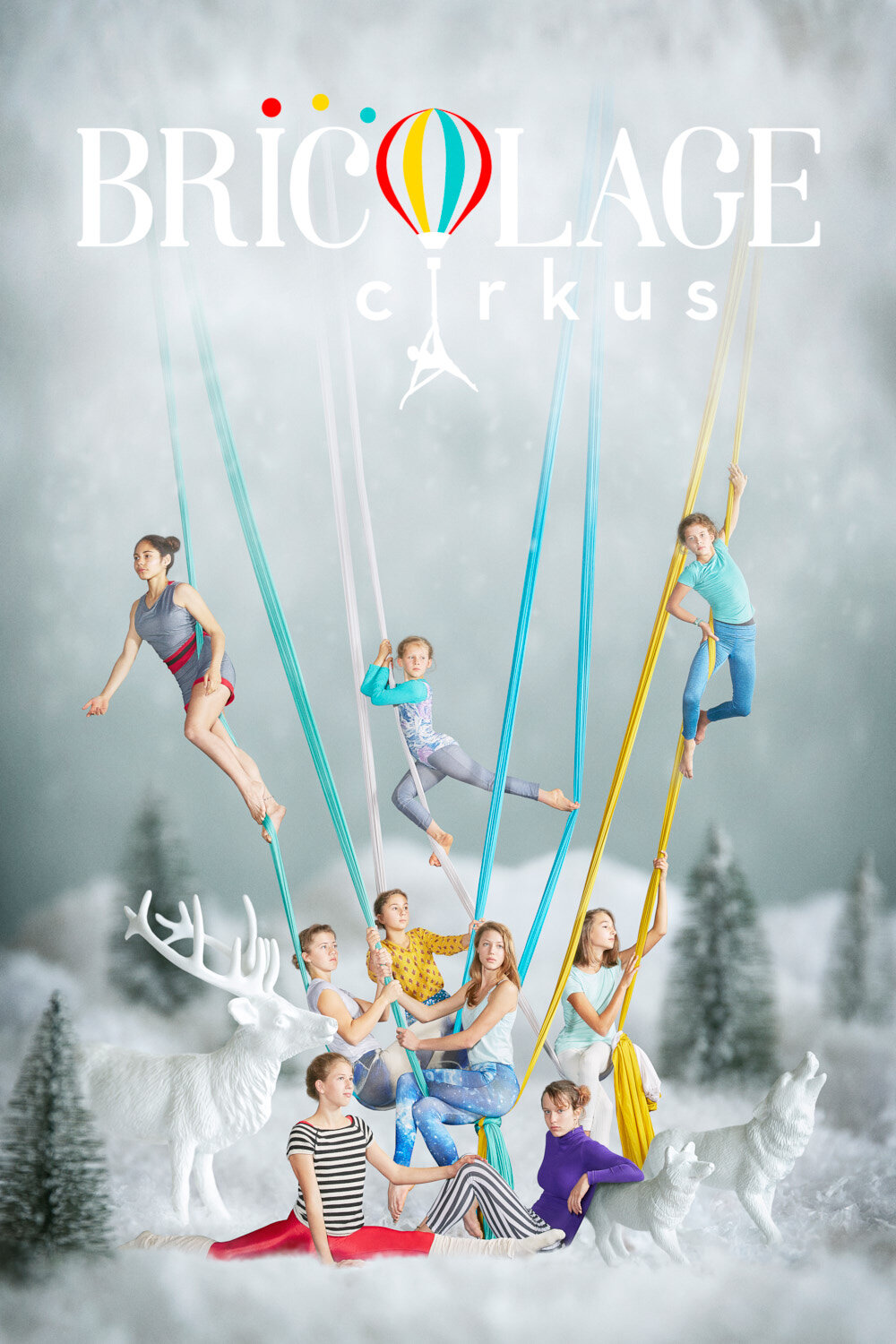 entertainer photographer Hanna Agar creates a winter scene advertising Bricolage Cirkus aerial arts performers