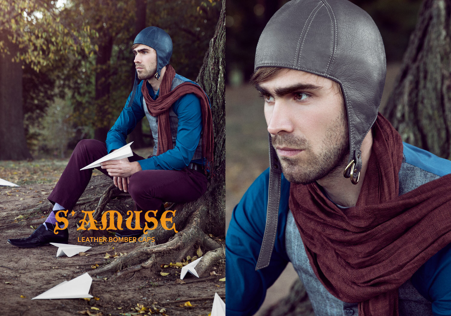 aviation themed conceptual product campaign for S'AMUSE leather bomber caps
