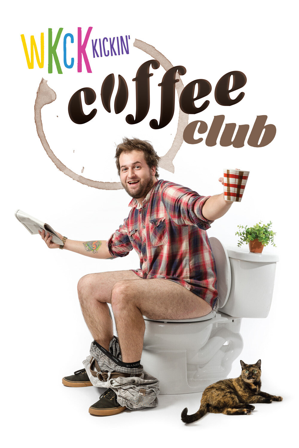 entertainer photographer Hanna Agar creates quirky portrait of radio personality sitting on a toilet with a cat and a coffee for director Aubrey Smyth's short film Ginger with a Snap