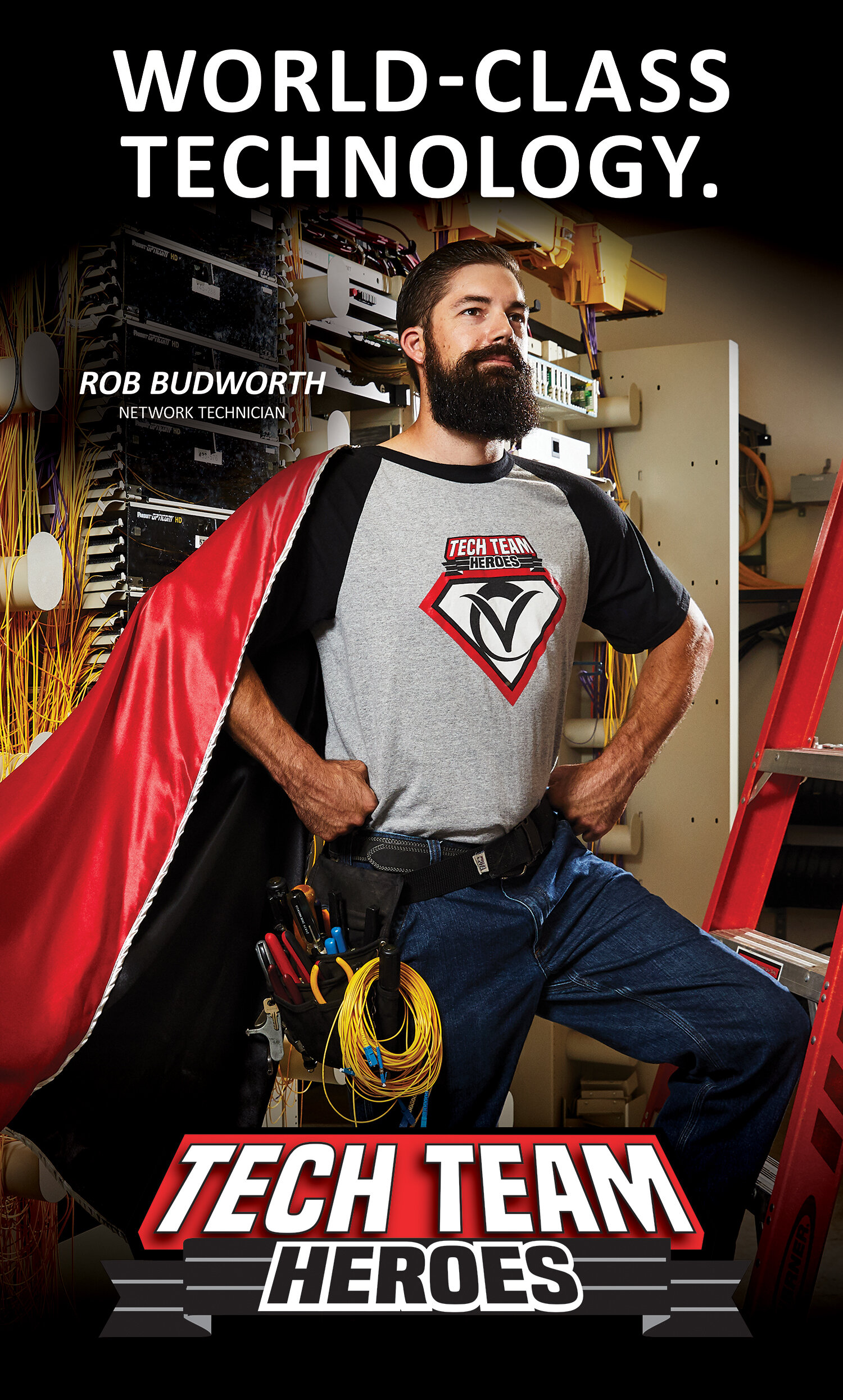 Commercial portrait photography: Employee in red superhero cape for advertising campaign for Vernon Communications Coop.