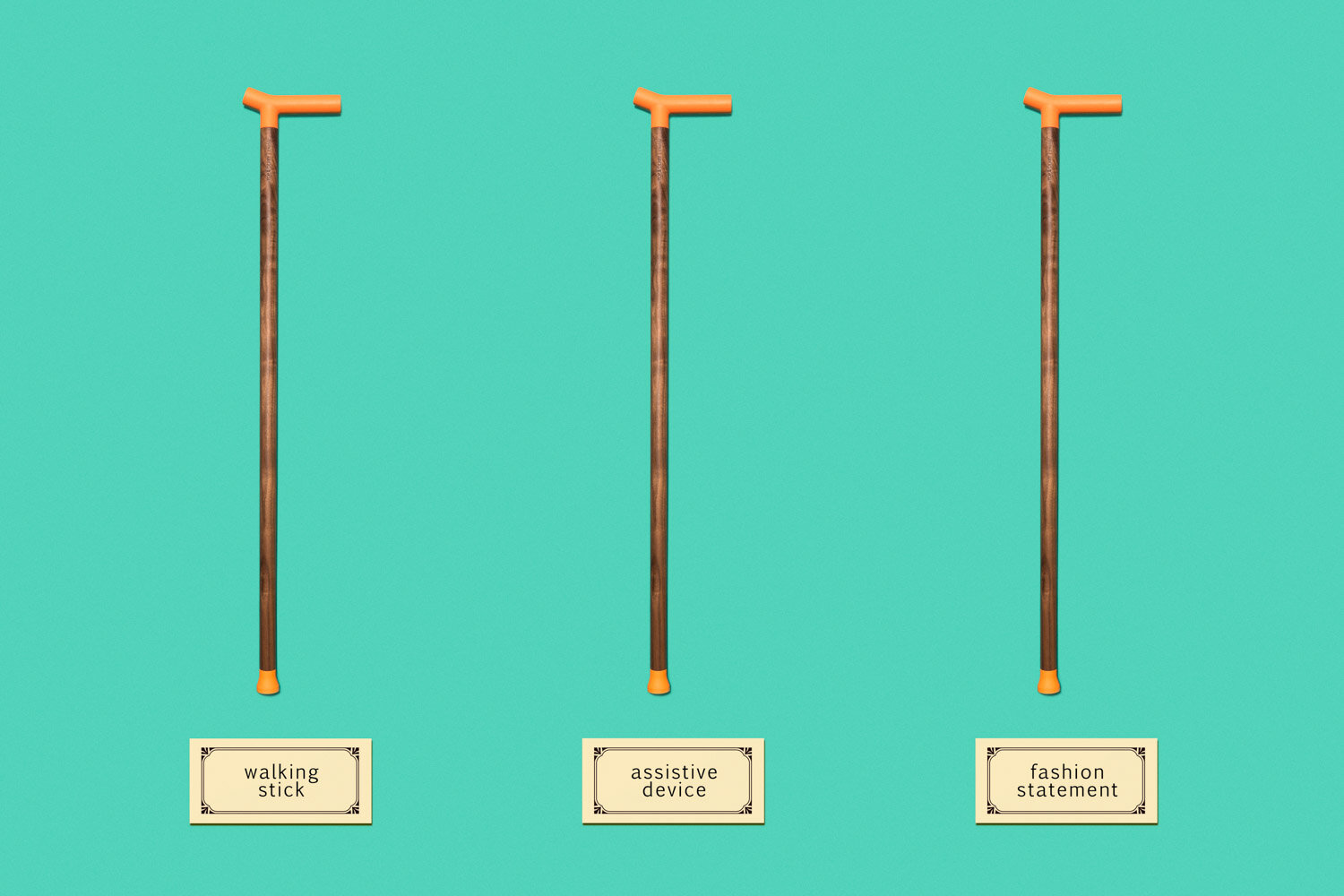 colorful product photography: walking sticks with labels describing them as both an assistive device and a fashion statement.