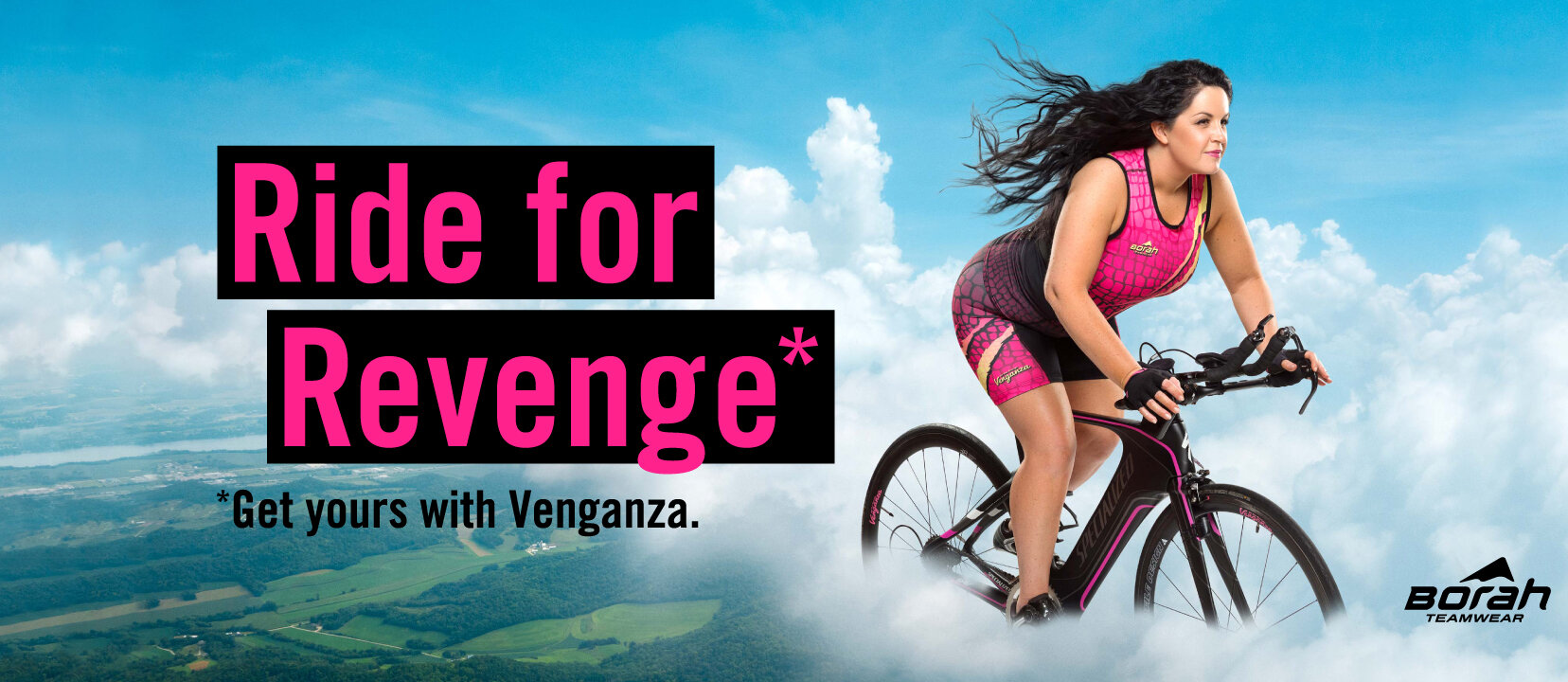 Creative product photography: Athlete wearing colorful triathlon kit by Venganza rides her bike through the sky.