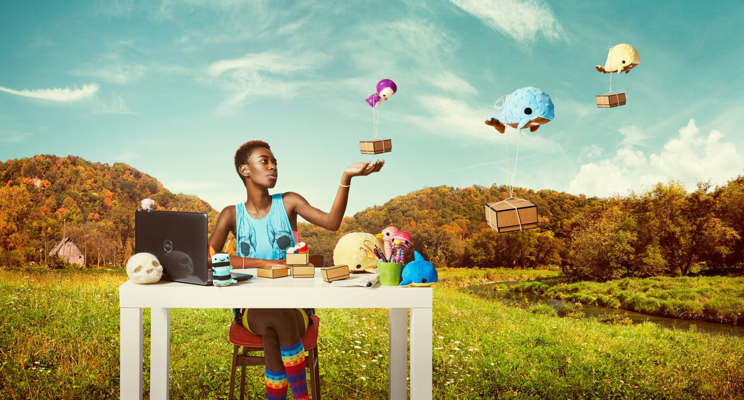 commercial portrait photography: creative composite of a woman selling her products with help from quality internet from Vernon Communications. 