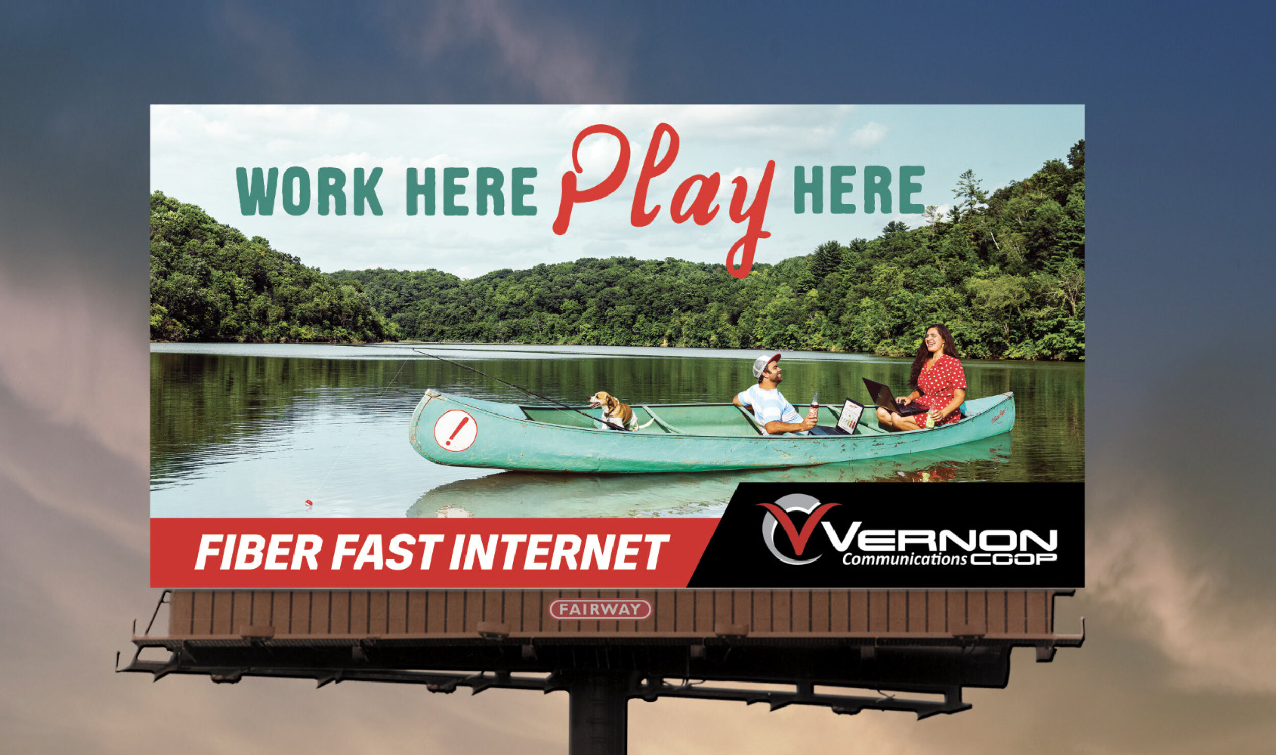 billboard advertisement showing business owners working out of a canoe on a lake by commercial photographer Hanna Agar