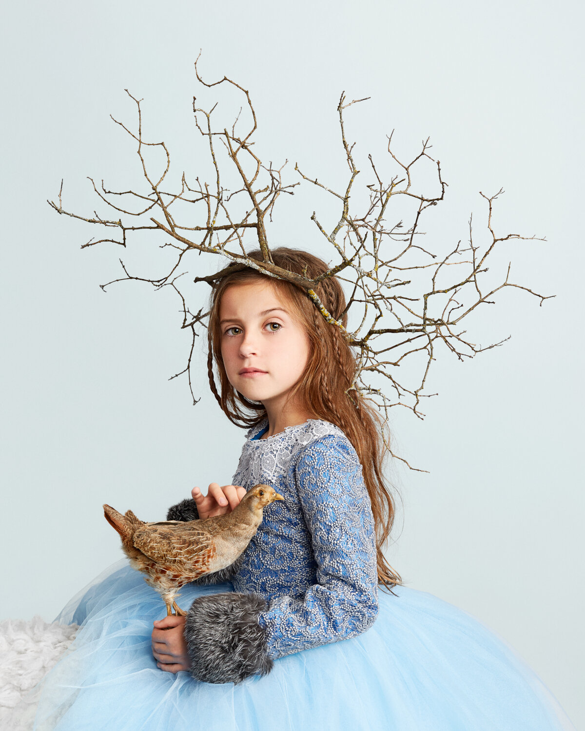 whimsical portrait of little girl with twig crown, beaded blue dress and brown bird by portrait photographer Hanna Agar