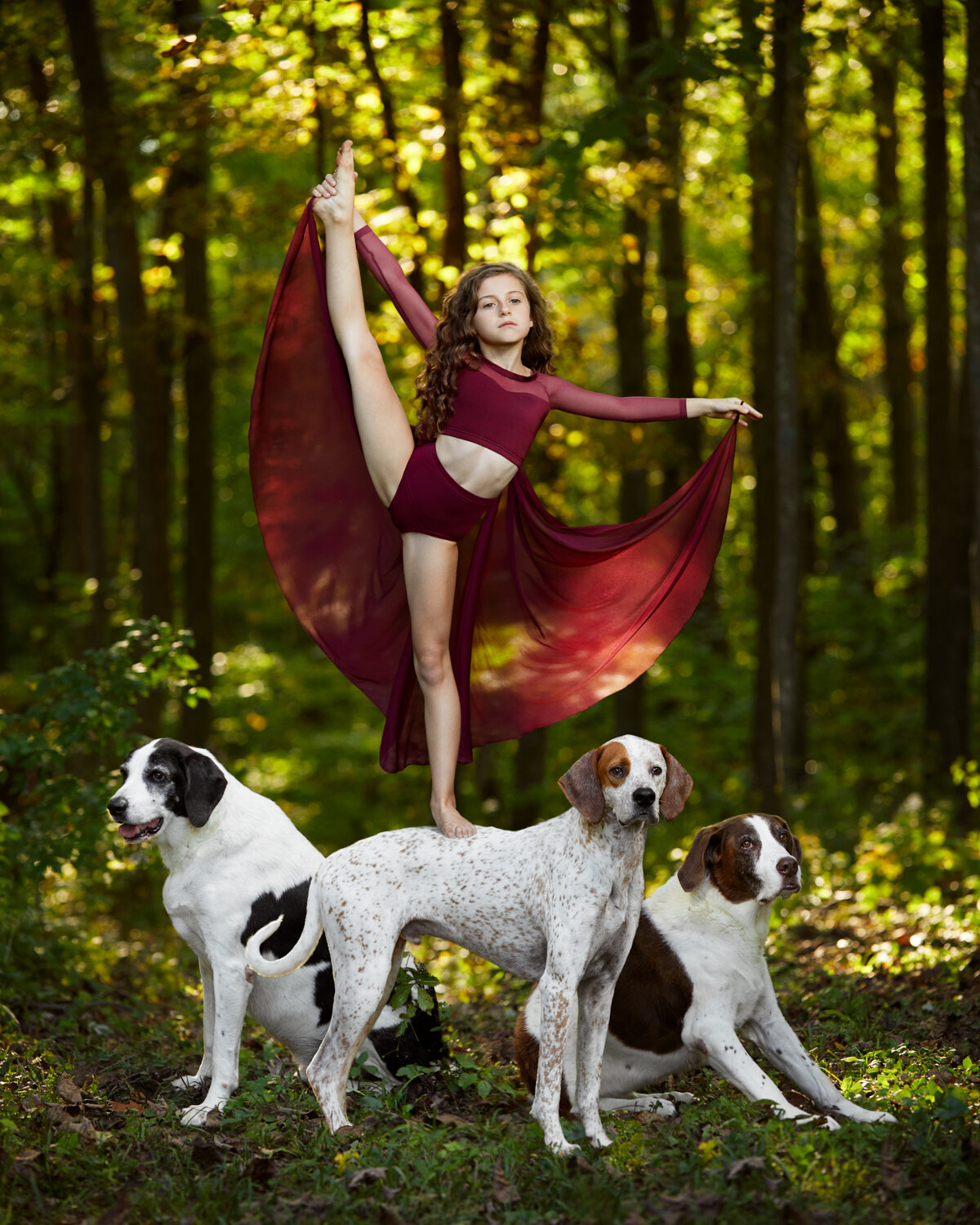 whimsical portrait of little girl dancing on her dog in the woods by portrait photographer Hanna Agar