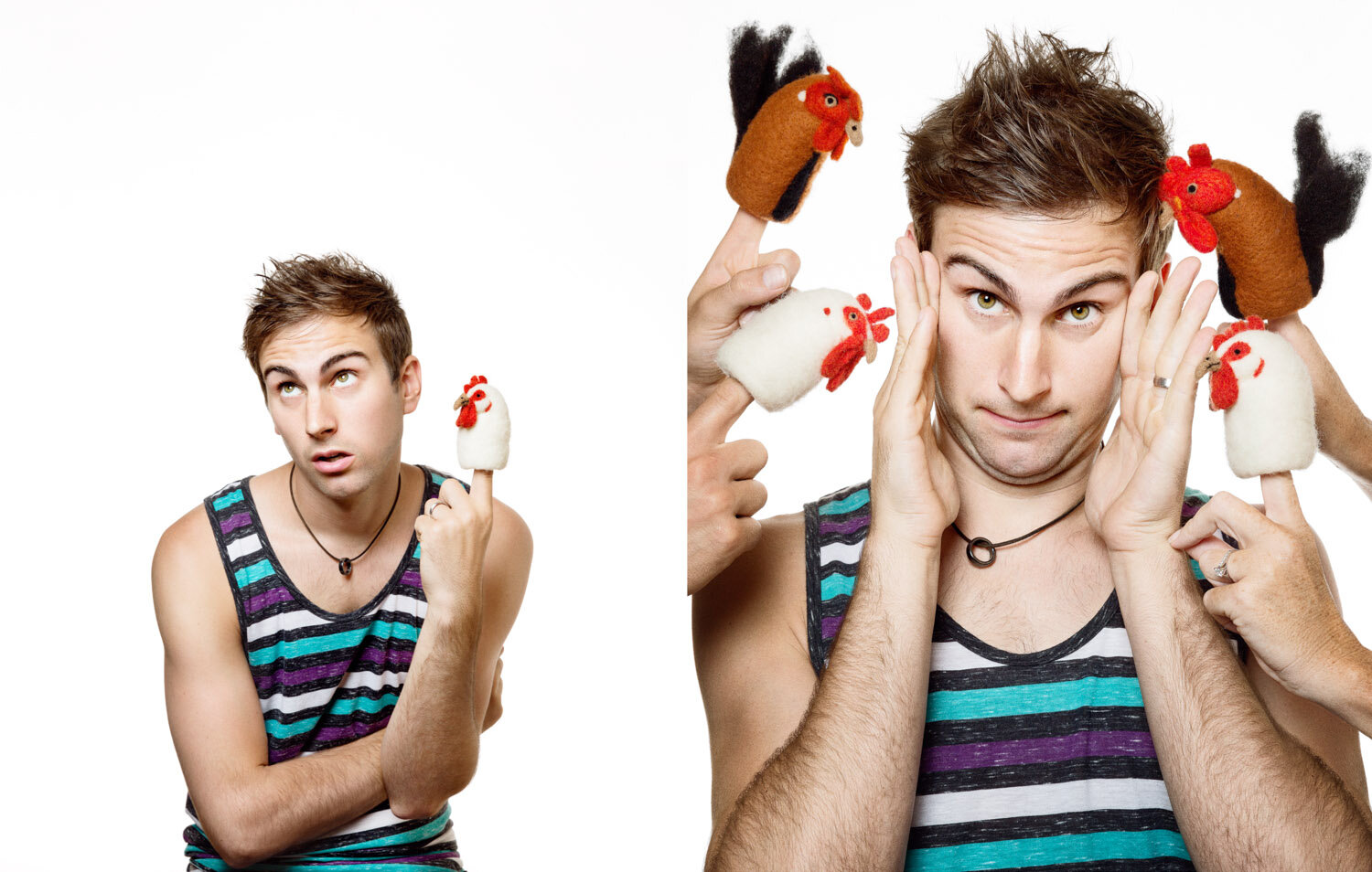 quirky portrait on white of juggler Marcus Monroe being pestered by chicken finger puppets by studio portrait photographer Hanna Agar