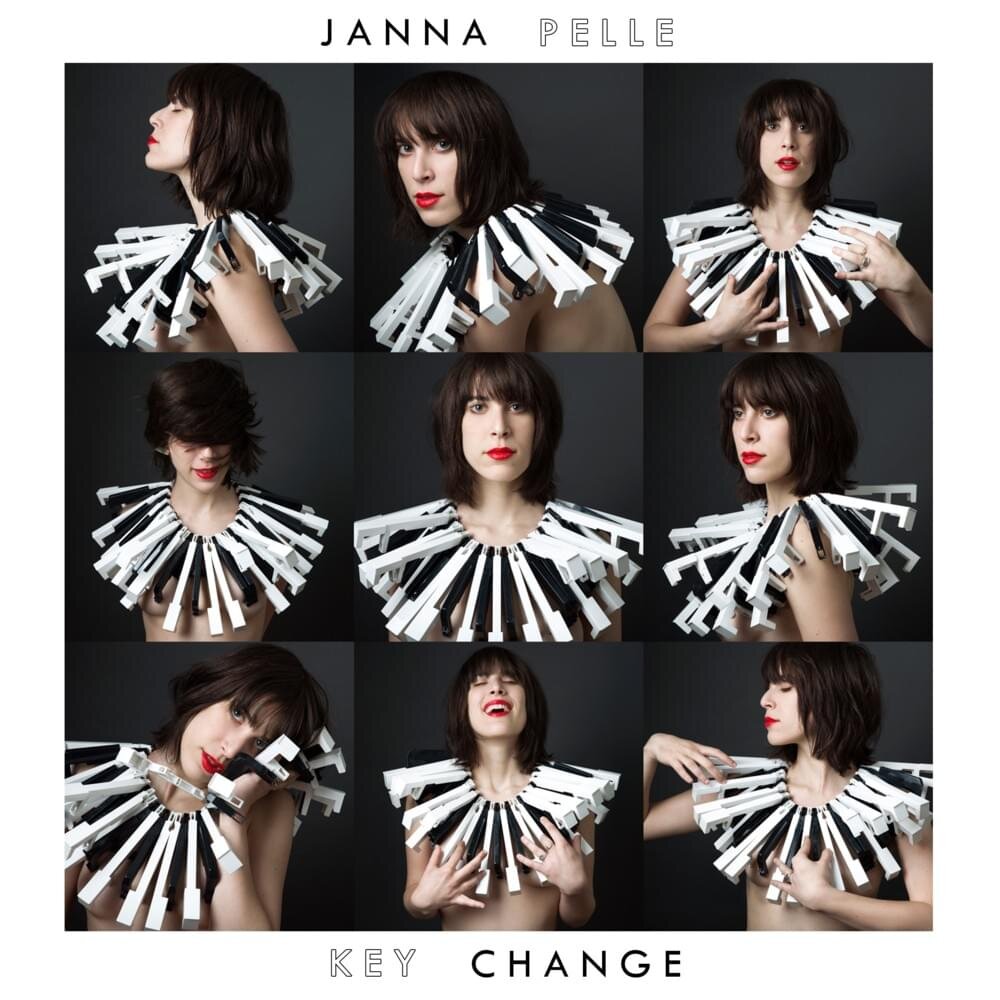 album art for musician Janna Pelle; grid of piano key necklace images by artistic portrait photographer Hanna Agar