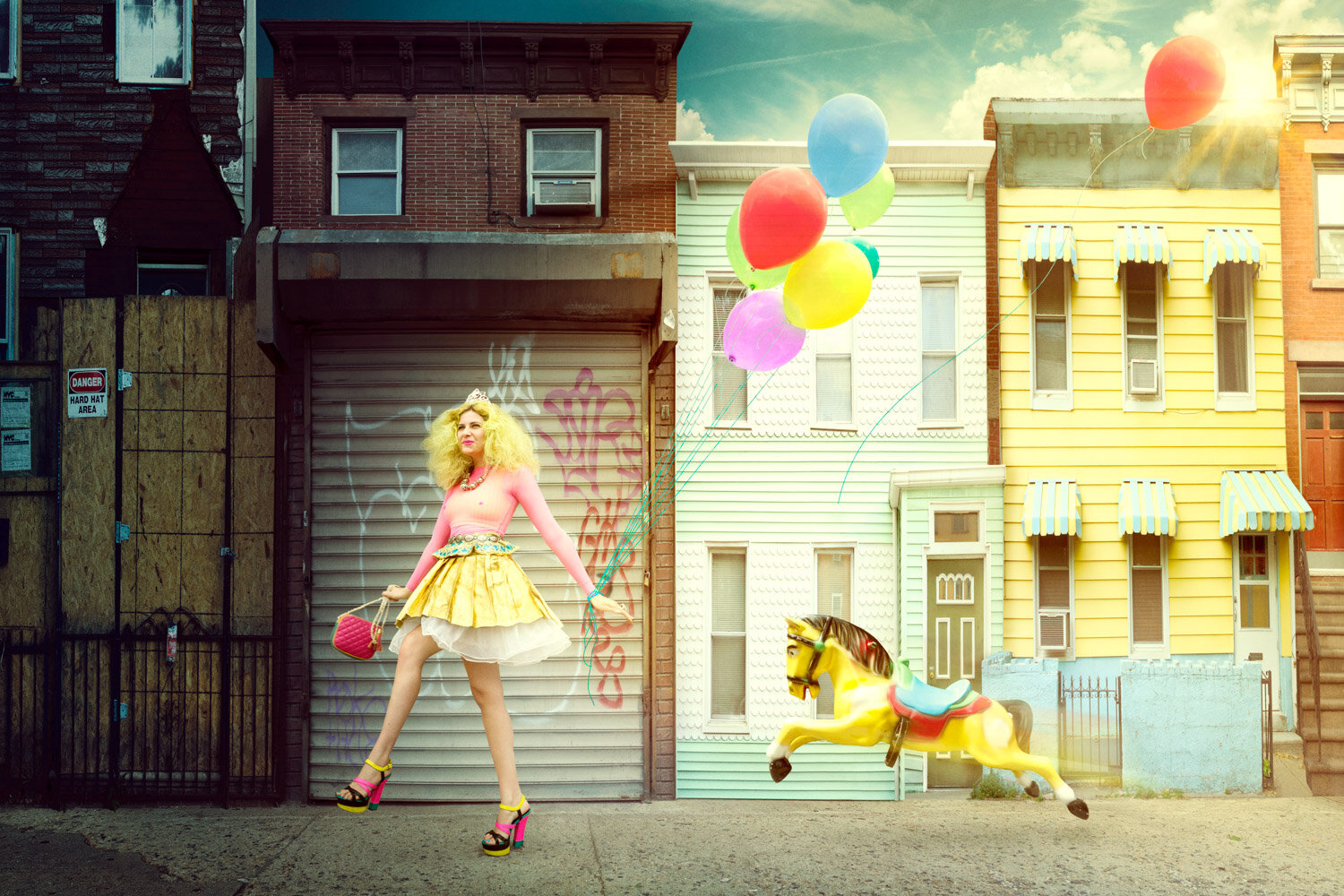whimsical promo photo of entertainer Michelle Joni who skips with balloons and a mechanical horse as she spreads happiness by conceptual photographer Hanna Agar