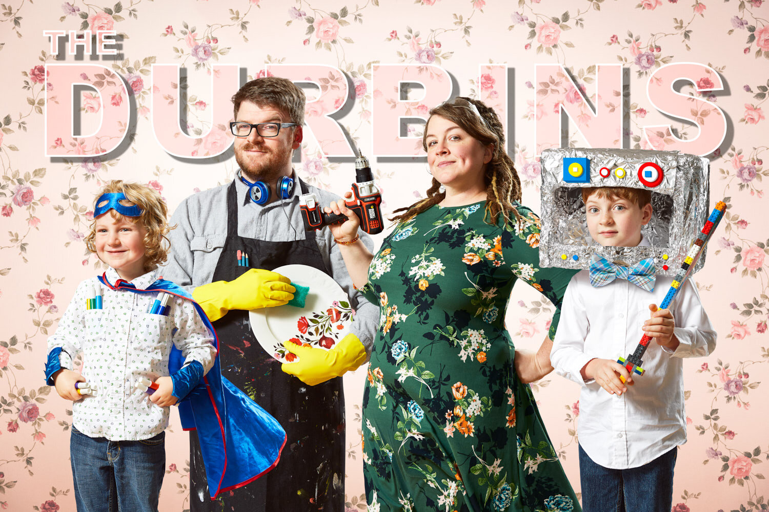 poster of artist family each wearing and holding items pertaining to their interests with vintage floral wallpaper 
