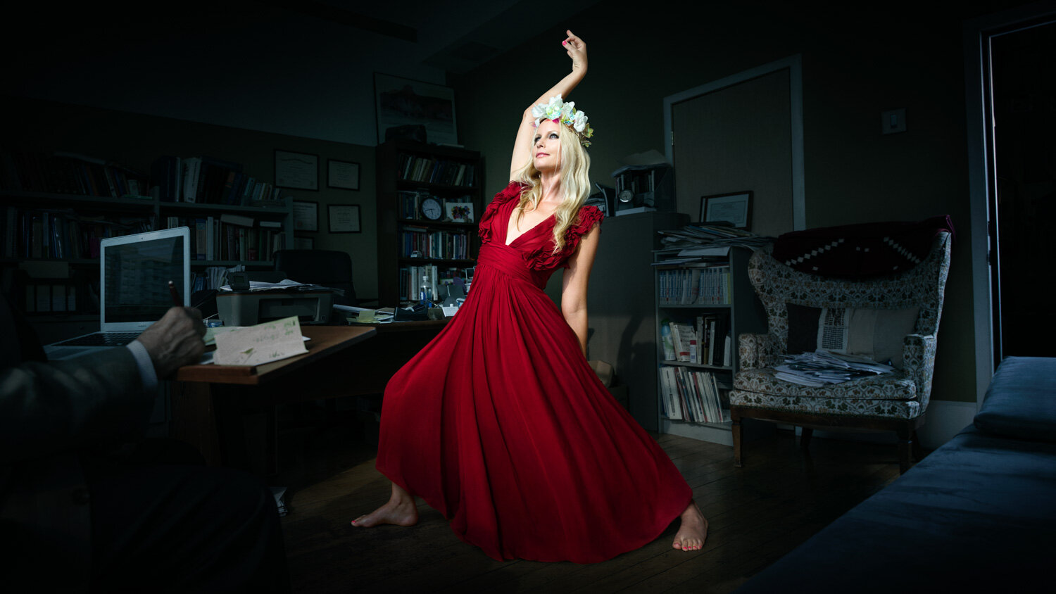 creative portrait of yogi Leila Johnson doing yoga in long red dress in therapy session by creative portrait photographer Hanna Agar