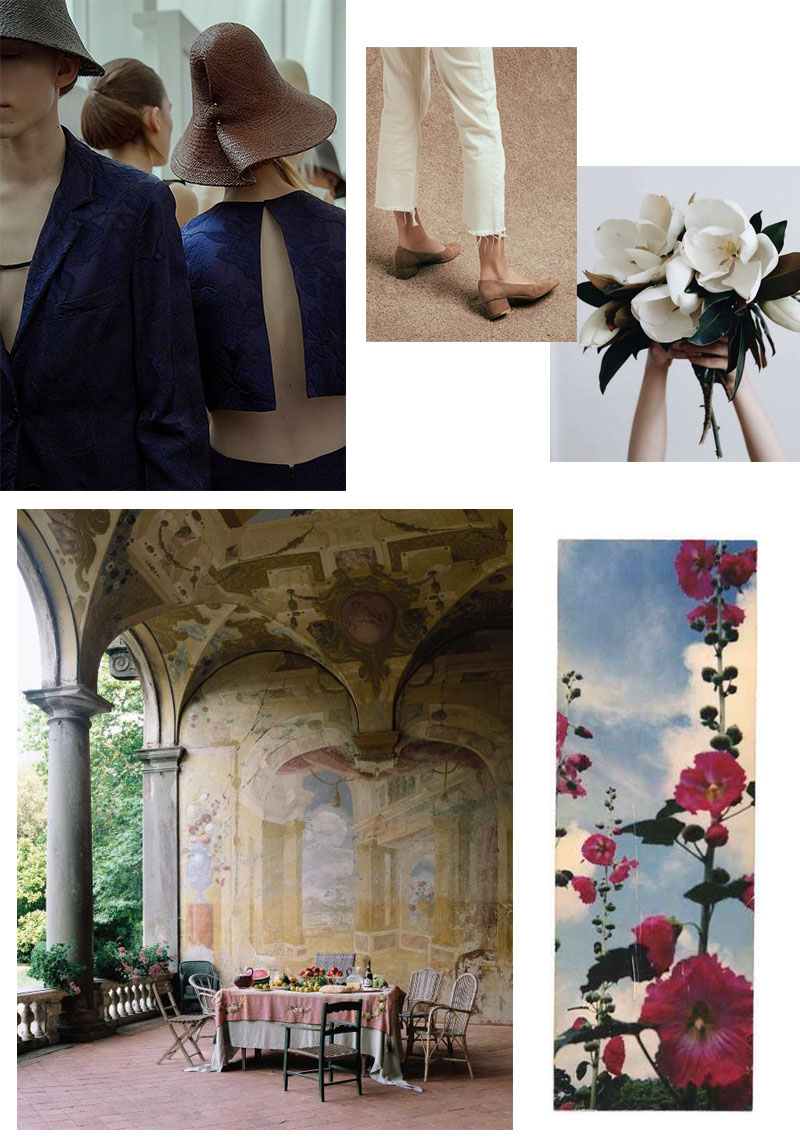 1. Jil Sander SS16 2. Suede shoes, unknown brand. Tumblr . 3. Magnolia flowers. Beth Kirby, Pinterest . 4. Gorgeous Villa Torrigiani in Lucca, Italien. Photo by Pieter Estersohn via Walls: The Best of Decorative Treatments . 5. Artwork by Yamamoto Masao.