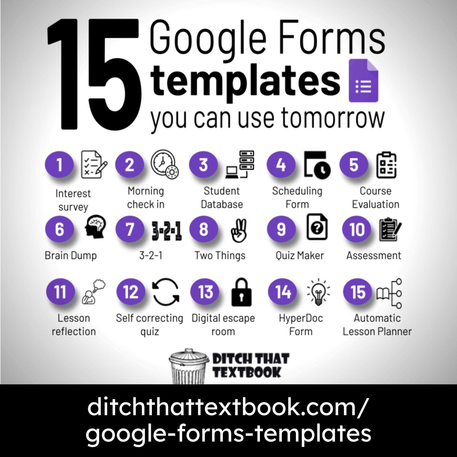 Ditch That Textbook offer templates you can use as starting points for making your own surveys, evaluations, assessment, games, and reflections.

ditchthattextbook.com/google-forms-templates