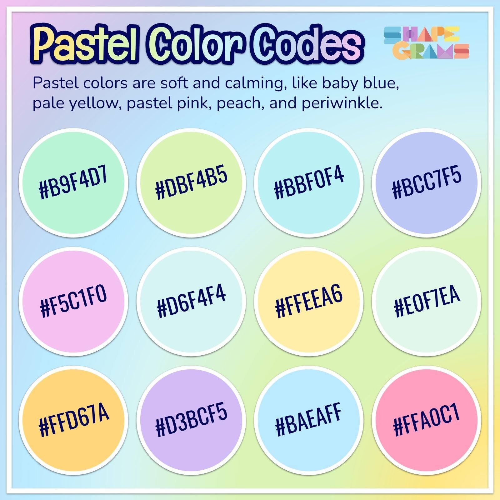 Pastel colors are soft and calming, like baby blue, pale yellow, pastel pink, peach, and periwinkle.

Pastels are often associated with spring. Perhaps because spring brings us flowers and ice cream?

#Shapegrams #Arted #Teaching #ArtTeacher #EdTech