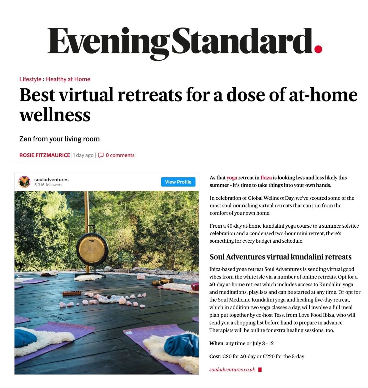 Evening Standard - Best Virtual Retreats