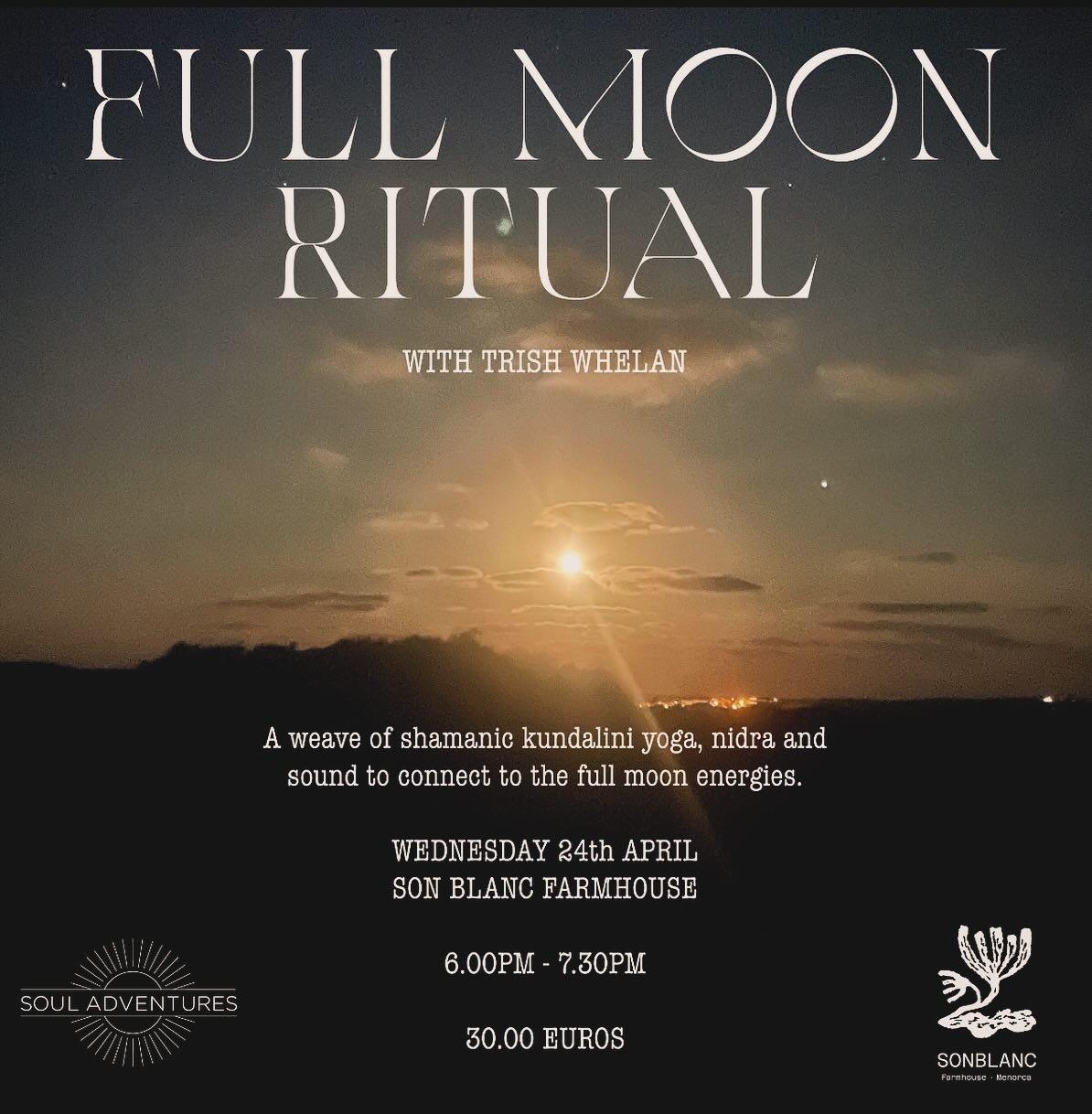 TOMORROW 🌑&hearts;️ so very much looking forward to being back at the divine @sonblancmenorca for a deeply healing and releasing FULL MOON RITUAL &hearts;️ its at 6-730pm &hearts;️ and there is also an option to join for a exquisite dinner by the fa