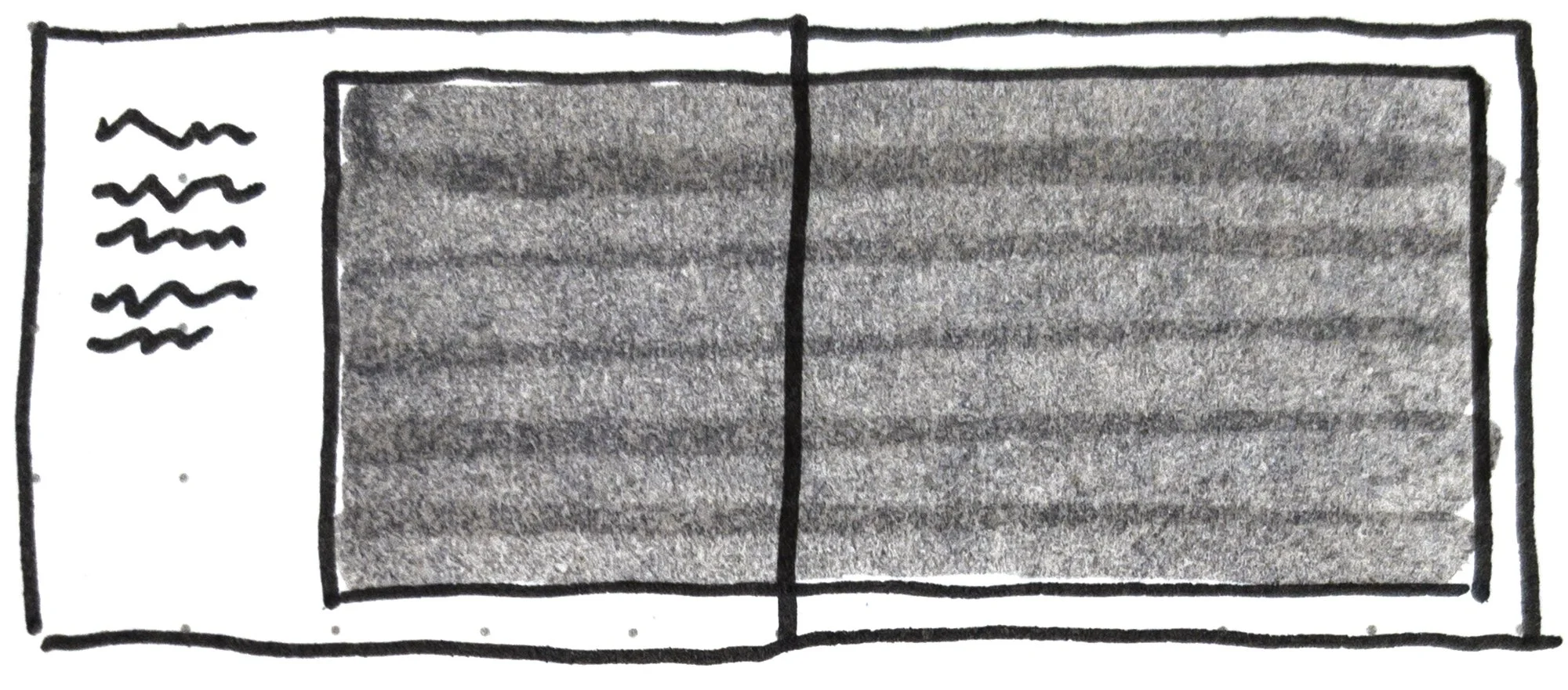 Scan of a sketch from my notes of a single panel layout with words on the far left in David Wiesner’s children’s book, June 29, 1999.