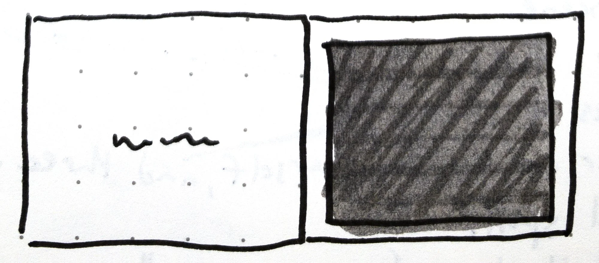 Scan of a sketch from my notes of a single page panel layout on the right page with words on the left page in David Wiesner’s children’s book, Tuesday.