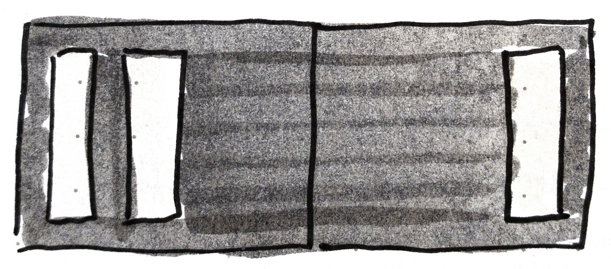 Scan of a sketch from my notes of a full-bleed layout of artwork with three inset panels in David Wiesner’s children’s book, Tuesday.