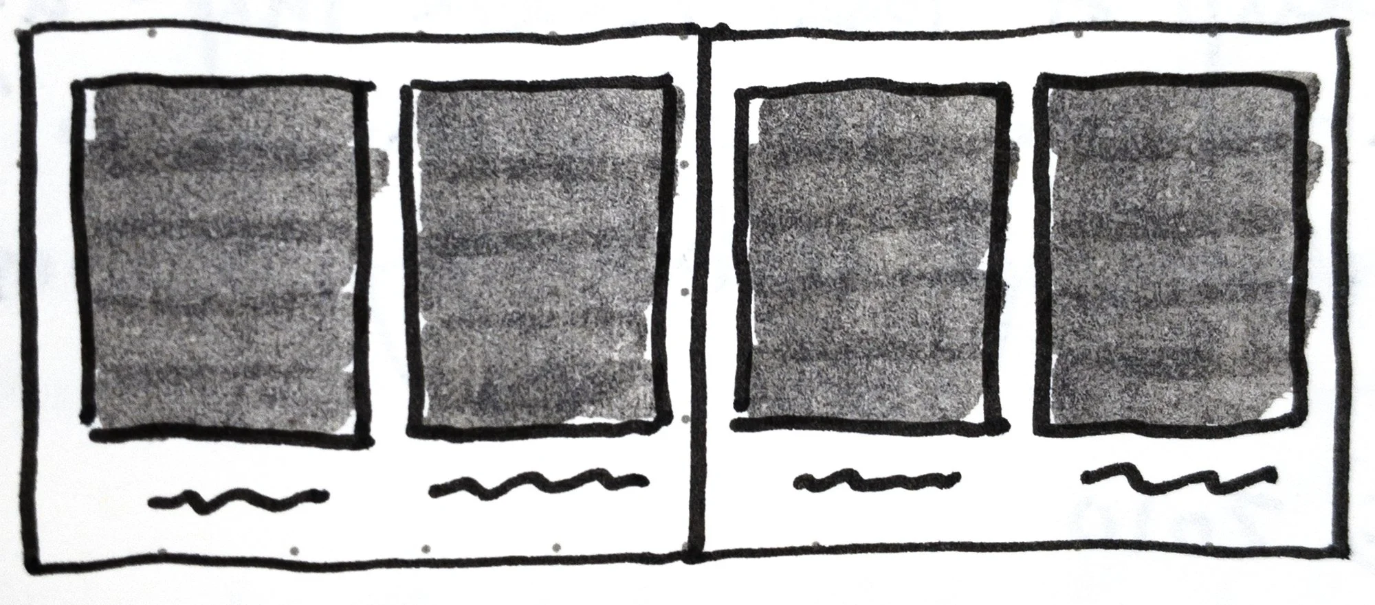 Scan of a sketch from my notes of a four panel layout with words under each panel in David Wiesner’s children’s book, June 29, 1999.