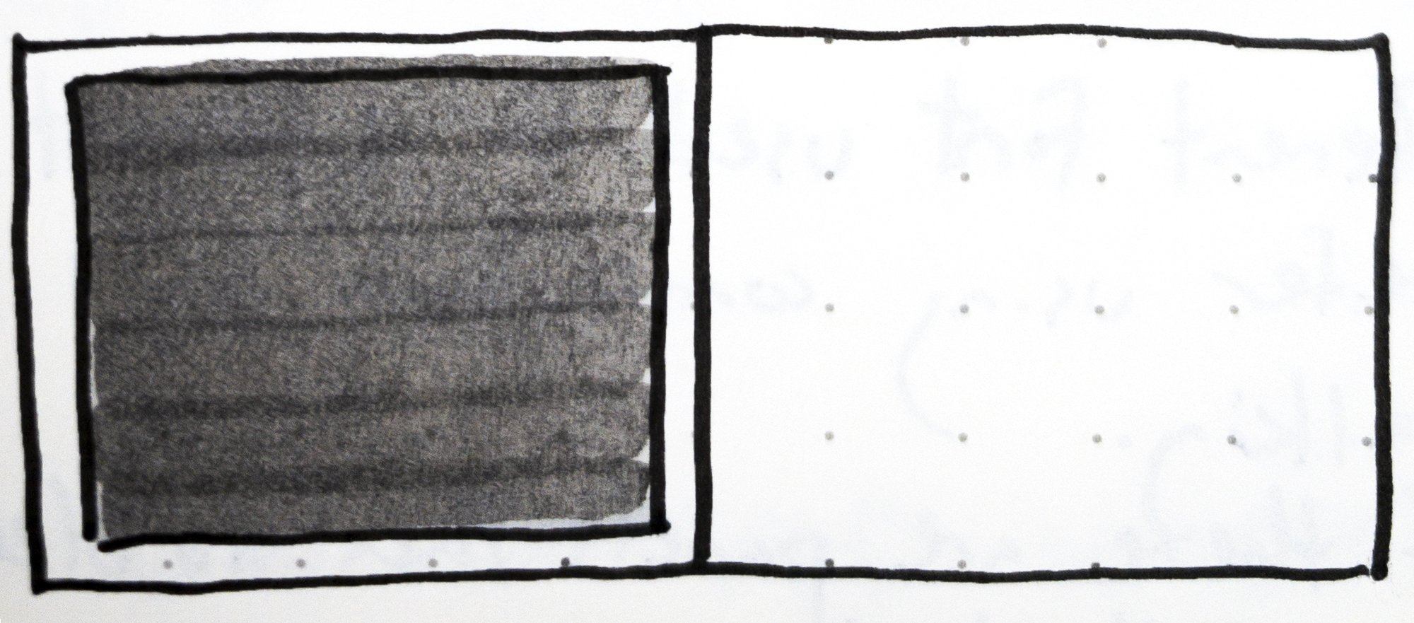 Scan of a sketch from my notes of a single panel layout on the left at the end of the story in David Wiesner’s children’s book, June 29, 1999.