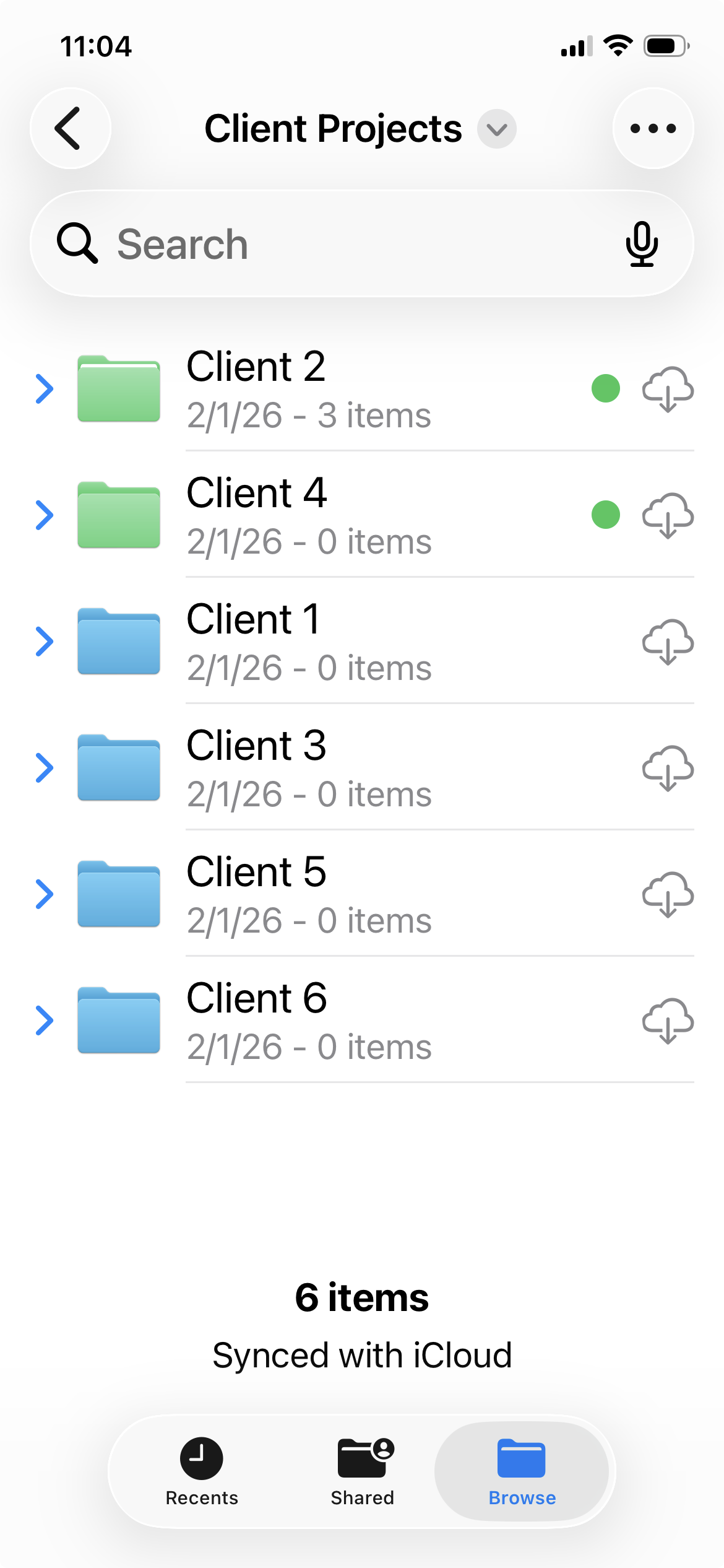 Example of my Client Projects folder on iOS and how I tag active clients and sort by tags to get those active clients to display at the top of the list.