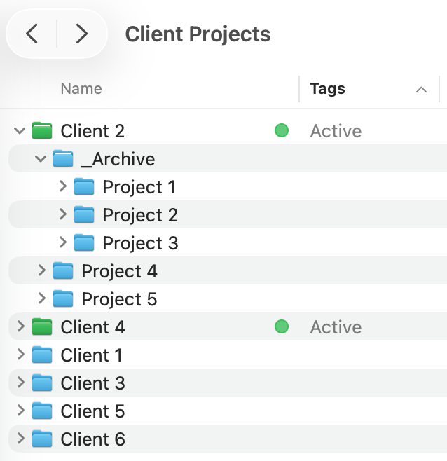 Example of project folders in an active client folder on macOS