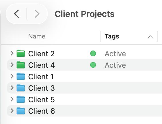 Example of my Client Projects folder on macOS and how I tag active clients and sort by tags to get those active clients to display at the top of the list.