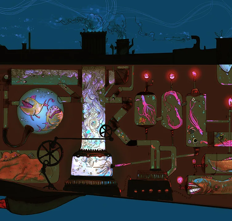This is a detail of the final illustration. As you can see, there are giant squid swimming inside the belly, angler fish singing into the pipes, and eels powering the generator. Also inside the pipes is Brian exploring through the maze. 
